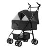4 Wheels Pet Stroller Foldable Carrier Strolling Cart Travel Jogger Pet Stroller with Removable Liner Storage Basket for Dog Cat - Black